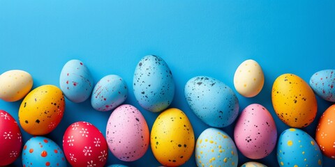 Soft pastel-colored Easter eggs adorned with various patterns, presented on a serene blue background with scattered candy beads.