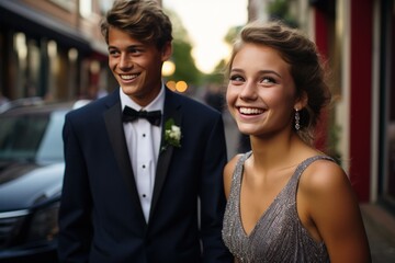 Elegant Young Couple Enjoying Prom Night in the City
