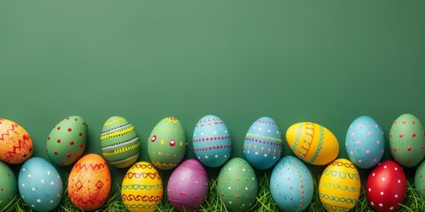 A cheerful lineup of brightly colored Easter eggs, each uniquely decorated, set against a green background.
