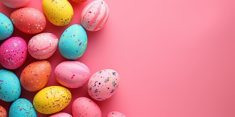 An array of brightly painted Easter eggs in a variety of colors and patterns arranged neatly against a soft pink backdrop.