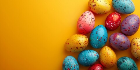 A cheerful lineup of brightly colored Easter eggs, each uniquely decorated, set against a sunny yellow background.