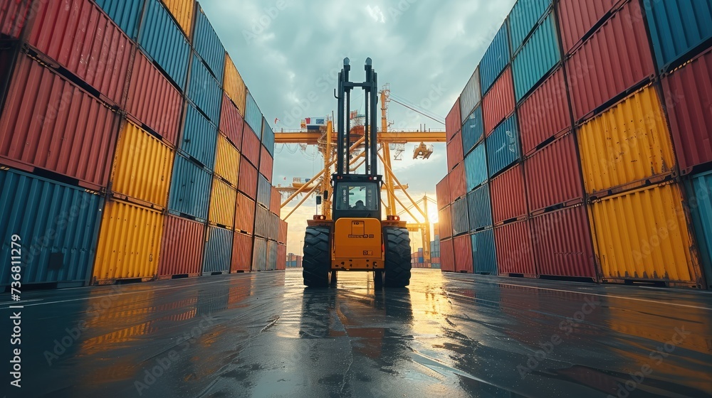 Poster freight logistics, forklift handling container box, loading stacker at docks for shipment, harbor ac