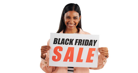 Happy woman, portrait and sale sign for black Friday, promotion in retail and advertising on png transparent background. Indian salesperson, smile with banner or poster for store discount and joy