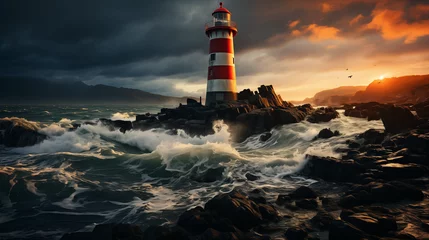 Fotobehang Un vieux phare solitaire guide les navires dans la nuit noire, témoignant silencieusement des marées de la vie. © arnaud