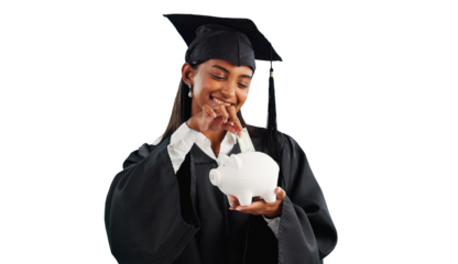 Student, graduation and piggy bank for education savings for future learning, certificate or scholarship. Indian person, cash finance and isolated transparent png background, university or degree