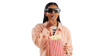 Woman, cinema and 3D glasses with popcorn, streaming and entertainment with vision for leisure. Theater, corn snack and film or movie with user experience and isolated on transparent png background