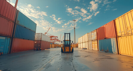 Freight logistics, Forklift handling container box, loading stacker at docks for shipment, harbor activity. Generative AI.