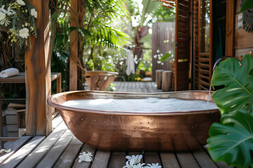 Fototapeta premium An outdoor wooden house hosts a vintage copper bath, filled with water and foam, creating a picturesque scene of rustic luxury and relaxation.