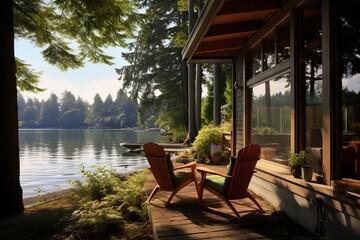 A peaceful lakeside cabin with a view of a serene harbor