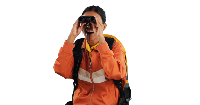 Search, binocular and excited woman hiking on isolated, transparent or png background. Travel, seeing and Indian female backpacker with vision equipment for sightseeing, looking or view in nature