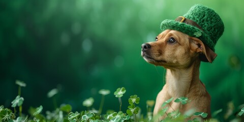 A charming dog wearing a green leprechaun hat decorated with shamrocks, embodying the spirit of St. Patrick's Day.