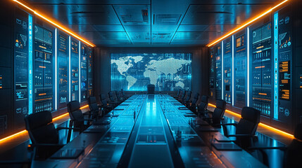 A high-tech office boardroom equipped with transparent interactive displays showing real-time data analytics where a diverse team of professionals collaborates on innovative