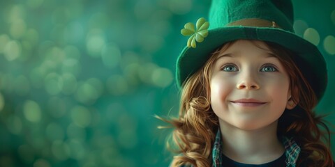 A child wearing a festive green hat adorned with a shamrock for St. Patrick's Day celebrations.