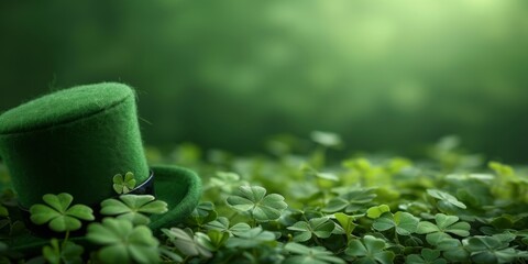 A charming leprechaun hat surrounded by a field of clovers presents a traditional and magical setting for St. Patrick's Day festivities.