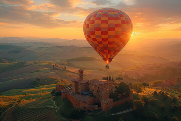 A hot air balloon floats over breathtaking historic landscapes offering passengers a celebratory dinner experience The baskets center holds a beautifully set table with gourmet