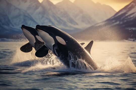 Orcas breaching in the Arctic waters. Ai generated