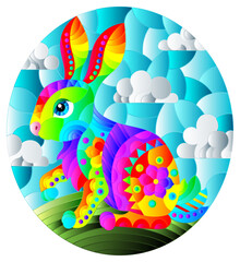 An illustration in the style of a stained glass window with a cute bright rabbit on a background of sky and meadow