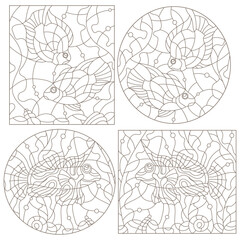 Set of contour illustrations of stained glass Windows with fishes, dark outlines on a white background