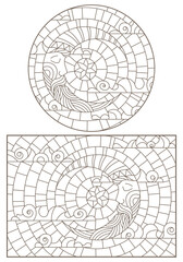 Set of contour illustrations of stained glass Windows with the moon and sky, , dark contours on white background