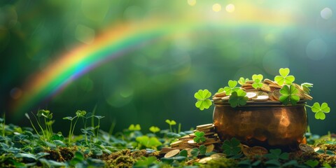 A pot of gold coins surrounded by green clover leaves with a rainbow in the background, depicting luck and St. Patrick's Day.