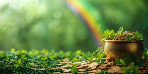 A pot of gold coins surrounded by green clover leaves with a rainbow in the background, depicting luck and St. Patrick's Day.