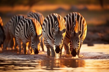 Zebras drinking water from a river in the savanna. Ai generated