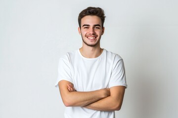 Obraz premium Portrait of smiling handsome man in white t-shirt, standing with crossed arms isolated on gray background
