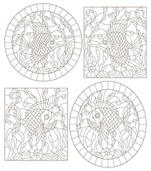 Set of contour illustrations in the stained glass style with an abstract two exotic fishes amid seaweed, coral and shells