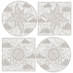 Set of contour illustrations in stained glass style with the sun and clouds in the sky, dark contours on a white background