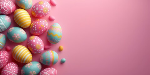 Fototapeta na wymiar Vibrantly painted Easter eggs arranged on a bright pink background, symbolizing Easter celebrations and springtime joy.