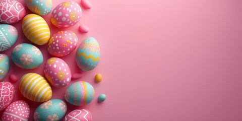 Fototapeta premium Vibrantly painted Easter eggs arranged on a bright pink background, symbolizing Easter celebrations and springtime joy.