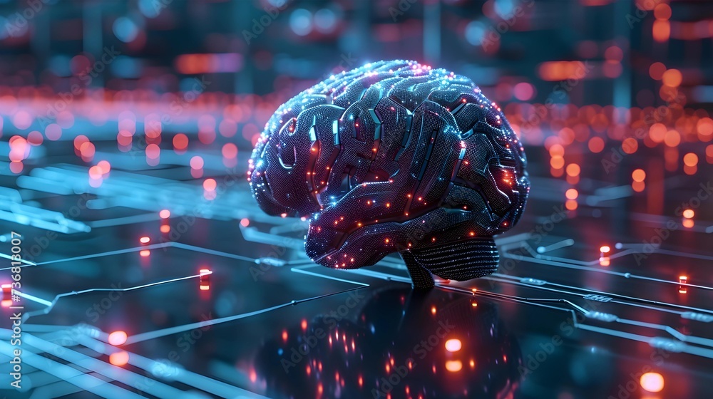 Poster a conceptual digital brain illuminated with neon lights on a futuristic circuit board, representing 