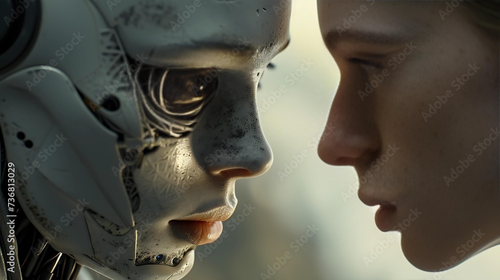 Poster a close-up of a human and an android face-to-face, highlighting the contrast and connection between 