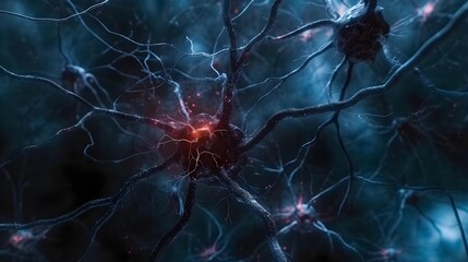 Close-up visualization of a neural synapse with electrical impulses in a neural network, representing neuroscience and brain activity.