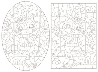 Fototapeta na wymiar A set of contour illustrations in the style of stained glass with cute rabbits on a swing, dark contours on a white background