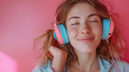 Smiling freckled teen girl with closed eyes, enjoying music on pink and blue headphones against a vibrant pink backdrop.