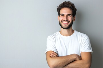 Portrait of smiling handsome man in white t-shirt, standing with crossed arms isolated on gray background - obrazy, fototapety, plakaty