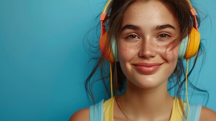 A joyful teenage girl with freckles and a warm smile, enjoying music on yellow and orange headphones against a blue background.
