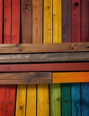 Colorful wooden wide banner background with vertical wooden slat of different bright colors and copy space Generative AI