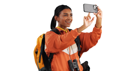 Woman, hiking and cellphone for photography in nature for social media post for exploring, adventure or camping. Female person, connection and isolated transparent png background, walking or journey
