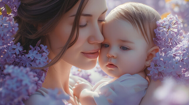 Beautiful portrait of mother and the baby under blooming purple lilac tree. Generative AI.