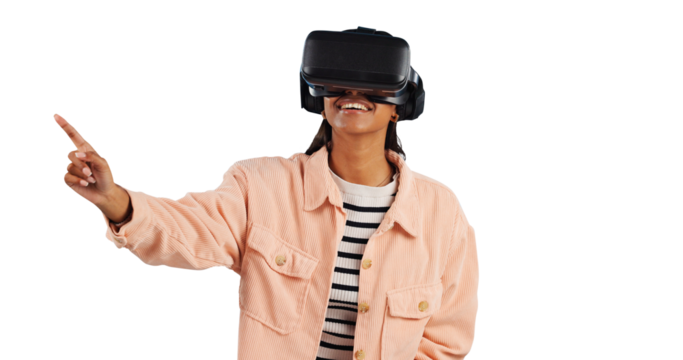 Virtual reality, press or headset for woman with future technology or happy to play on gaming app. Hologram, 3D and metaverse in digital world and high tech for isolated on transparent png background - Powered by Adobe
