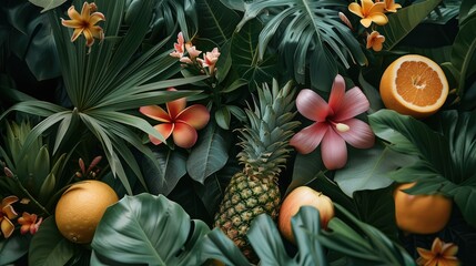 Background with lots of tropical Summer flora and fruits, tropical jungle flowers. Generative AI.