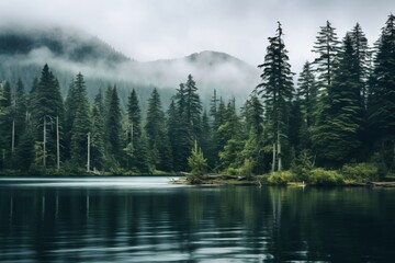 Majestic evergreen trees towering over a lake