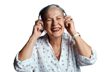 Mature woman, headphones and happy with music, streaming radio and listen to sound or audio. Senior female person, smile and subscribe to playlist, hear and isolated on transparent png background