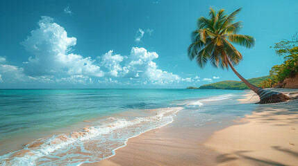 a palm tree on a beach with the ocean in the background. white sand and turquoise blue water