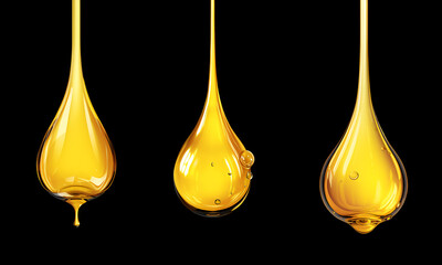 Set of oil droplets, drop of honey, illustration on  Isolated black background.