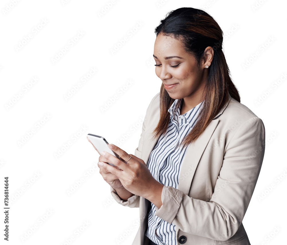 Sticker Business woman, happy or smartphone with notification, text or social media for online networking. IT consultant, positive and smile on mobile app for email and isolated on transparent png background