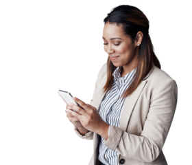 Business woman, happy or smartphone with notification, text or social media for online networking. IT consultant, positive and smile on mobile app for email and isolated on transparent png background