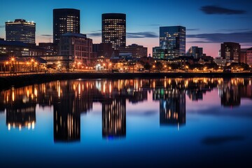 Fototapeta na wymiar The city reflecting in a glassy river at dusk